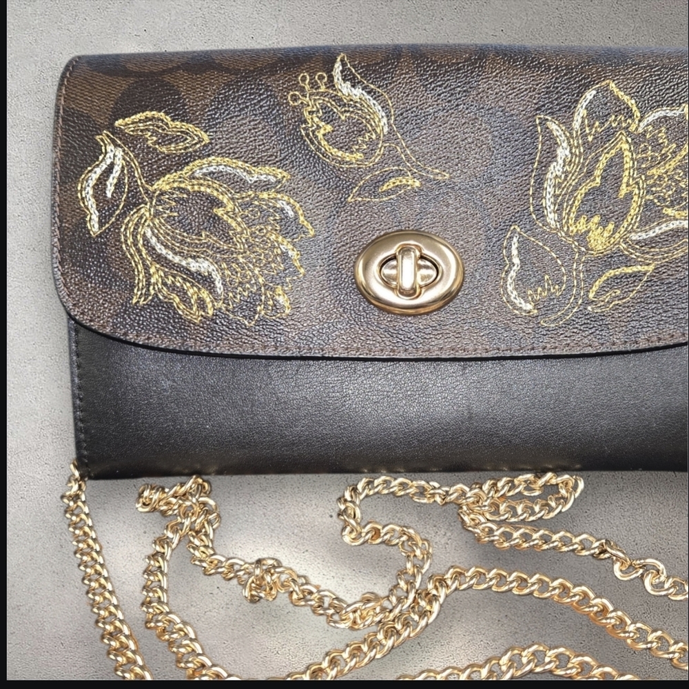 Coach Brown & Gold Floral Chain Crossbody Bag